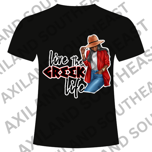 DTF Design: Live the Greek Life Black t-shirt with a graphic of a woman wearing a red jacket and hat.