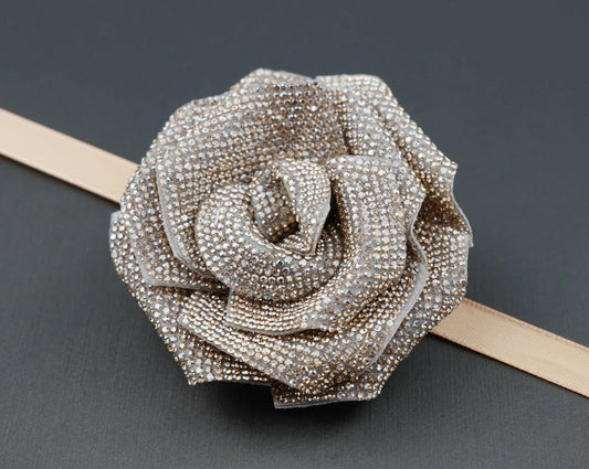 Versatile Rose Rhinestone Patch with Ribbon for Belt, Choker, Hair Band, or Shoe